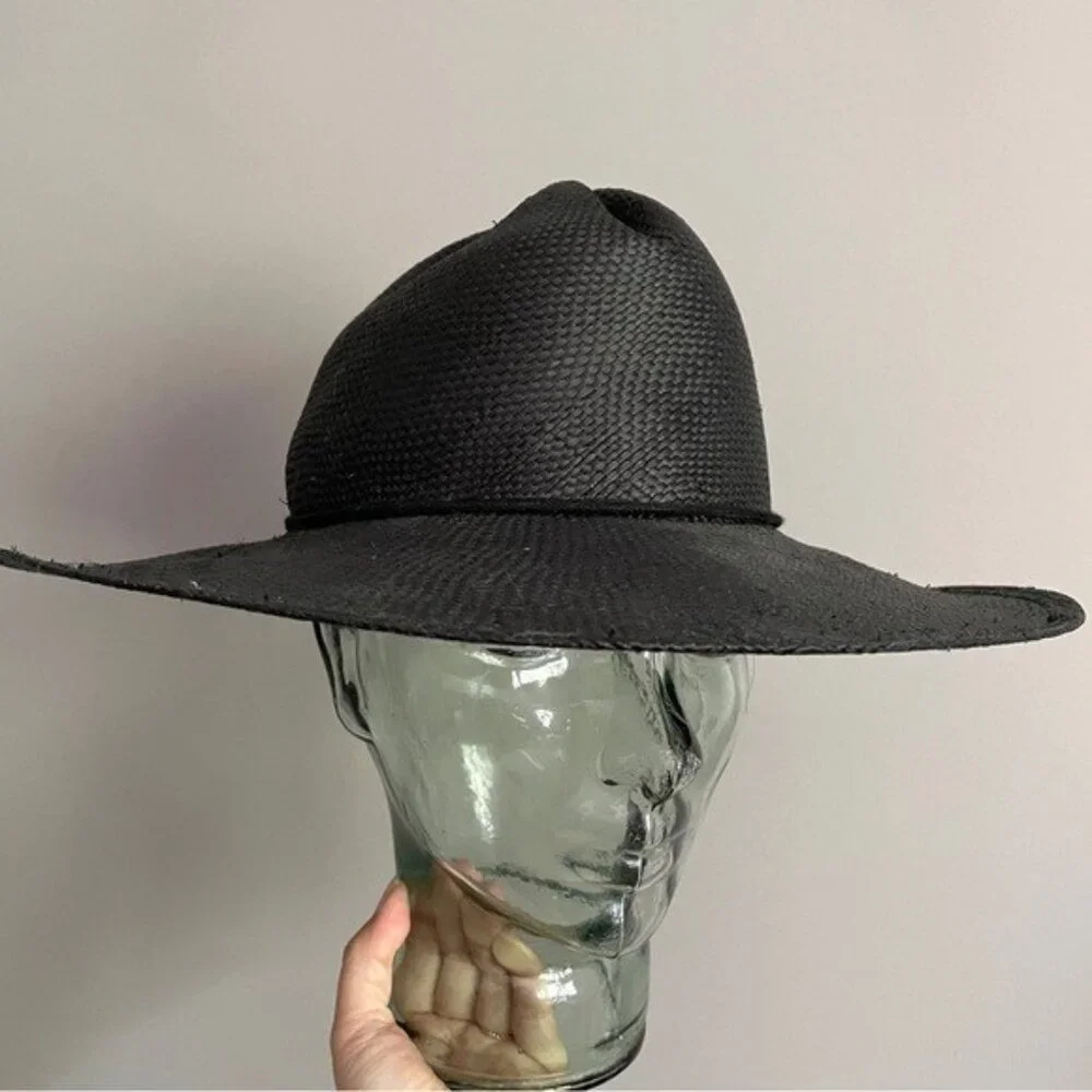 Vintage Black Straw Large Brimmed Hat w/ Pinched Crown - Picture 3 of 8